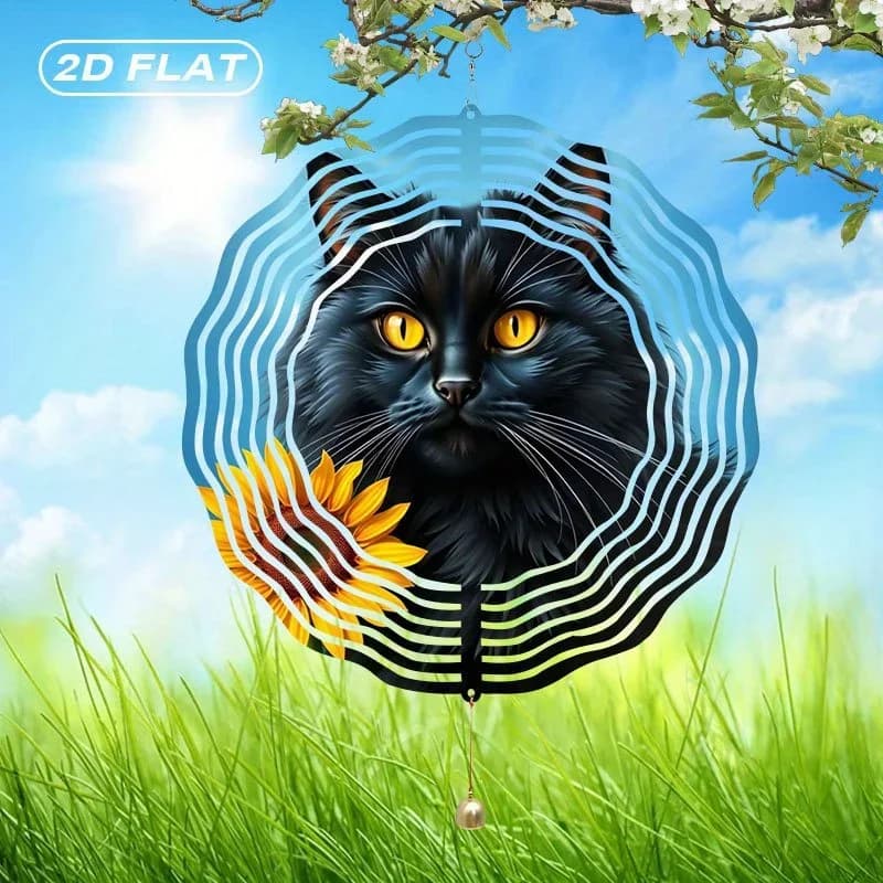 Bohemian Black Cat Sunflower Wind Chime 10in, 2D Flat Jingle Bells Garden Decor Durable Outdoor Patio Art