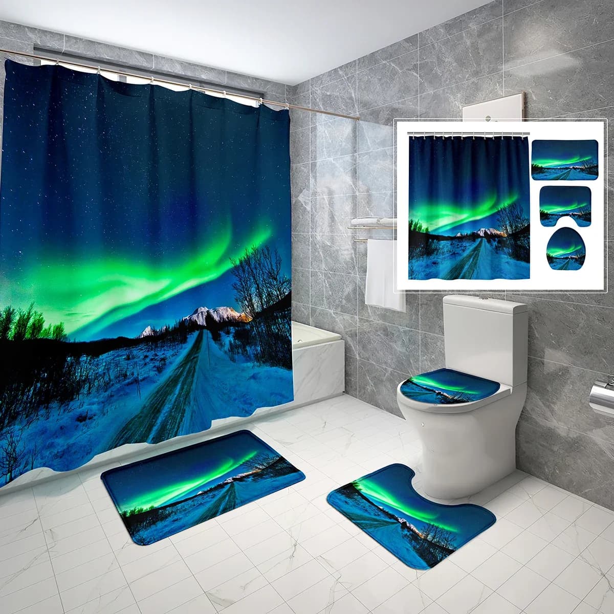 Set di tende da doccia Northern Lights da 4 pezzi con tappetino da bagno antiscivolo, decorazione cielo stellato, copriwater e set di coperture per tende da doccia