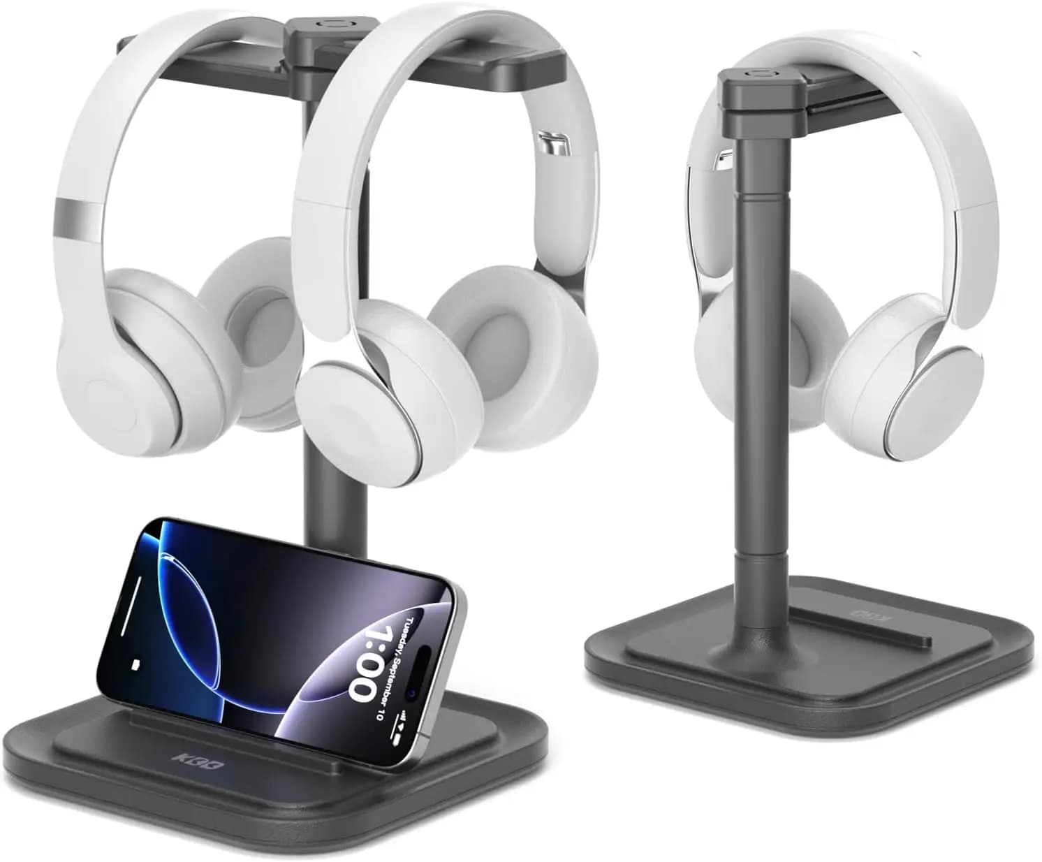 Supporto per cuffie girevole doppio con supporto per telefono - Base antiscivolo per scrivanie da gaming e da ufficio