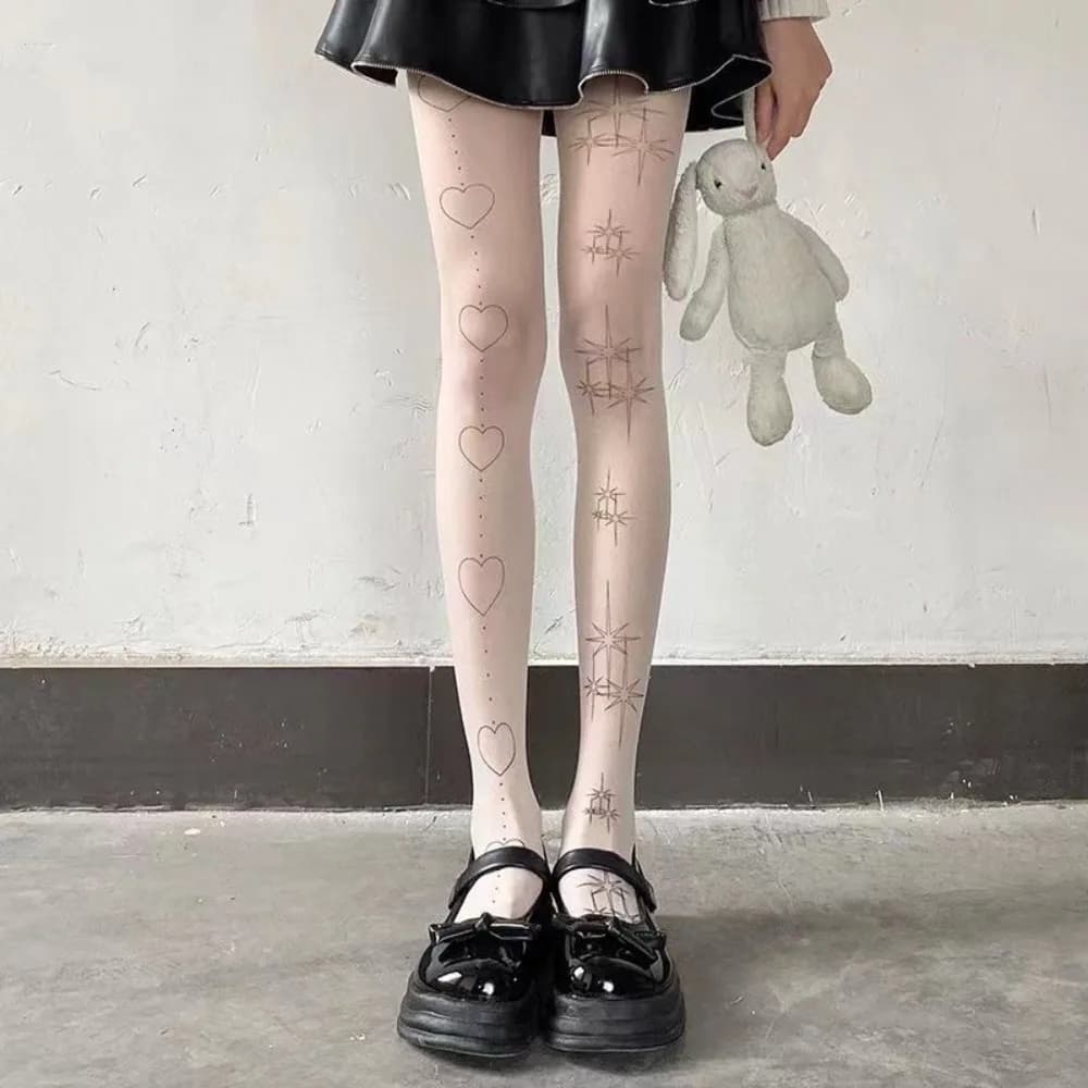 Summer tights with star theme tattoo printing, Lolita style, anti-friction, white silk, with Yin and Yang socks