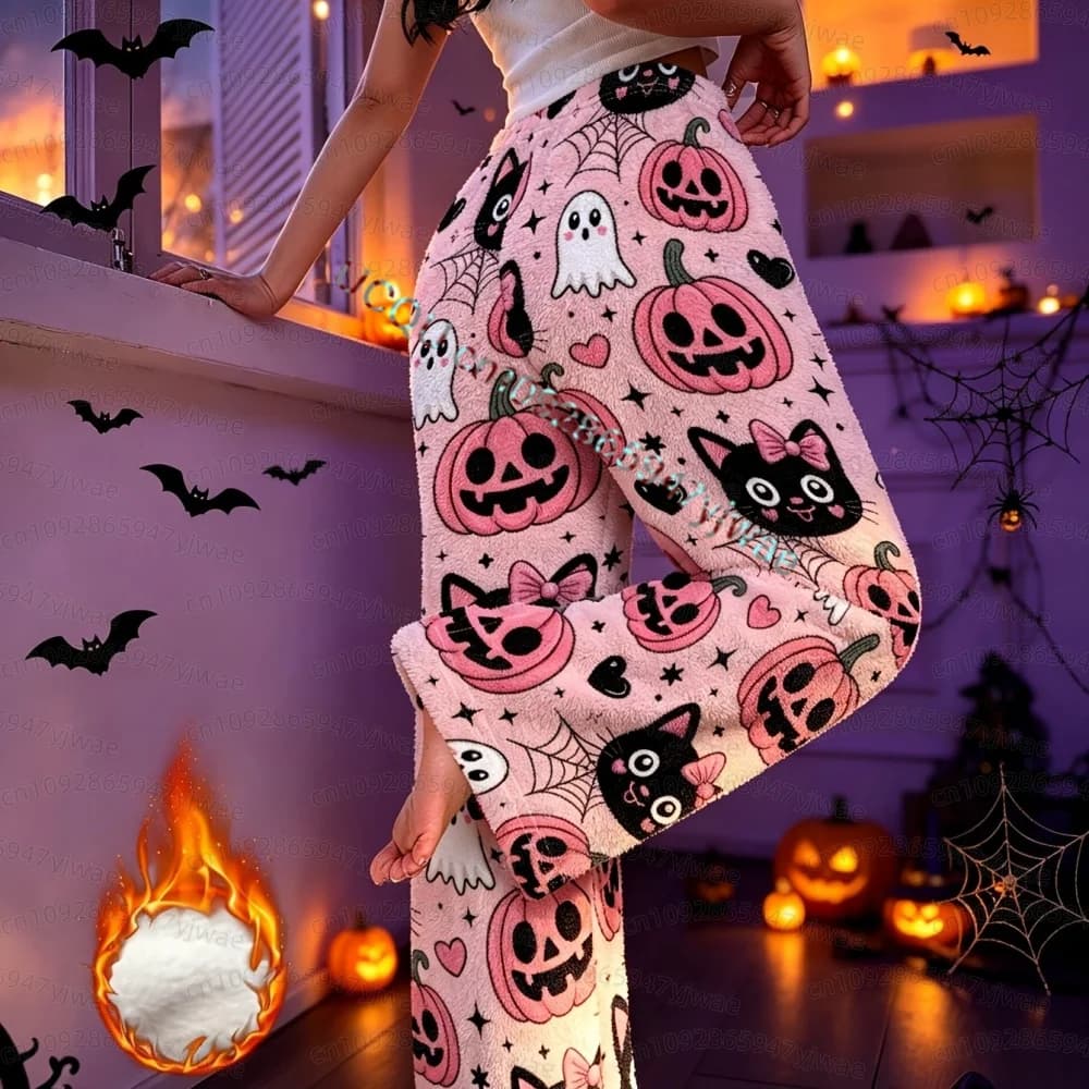 2026 NEW Halloween Autumn/Winter Women's Flannel Sleep Pants, Halloween Bat Pumpkin Skull Print Women Men Home Pajamas Trousers