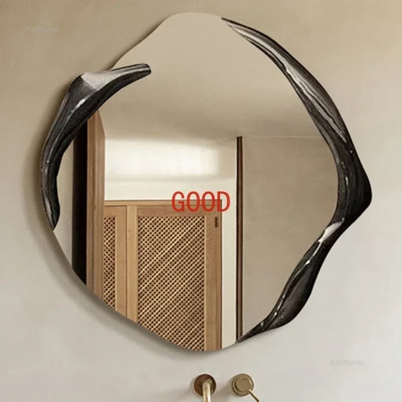 Specchio con Cornice in Legno Massello Stile Nordico per Bagno, Specchio da Parete Irregolare con Illuminazione, Specchi di Lusso Creativi per Ristoranti
