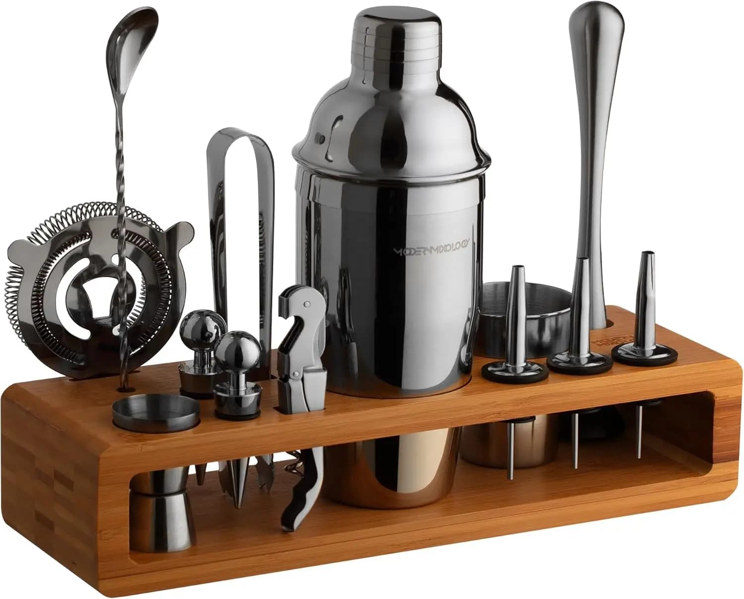Set Shaker per Cocktail con Supporto, Kit da Barman 21 Pezzi, Shaker Martini 24oz, Jigger, Colino, Cucchiaio da Bar, Pinze, Apribottiglie
