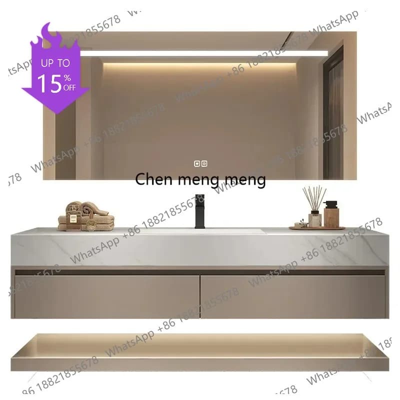 Mobile da Bagno di Lusso M02, Mobile Sospeso a Parete con Lavabo in Ceramica e 2 Cassetti in Legno, Armadietto per Bagno