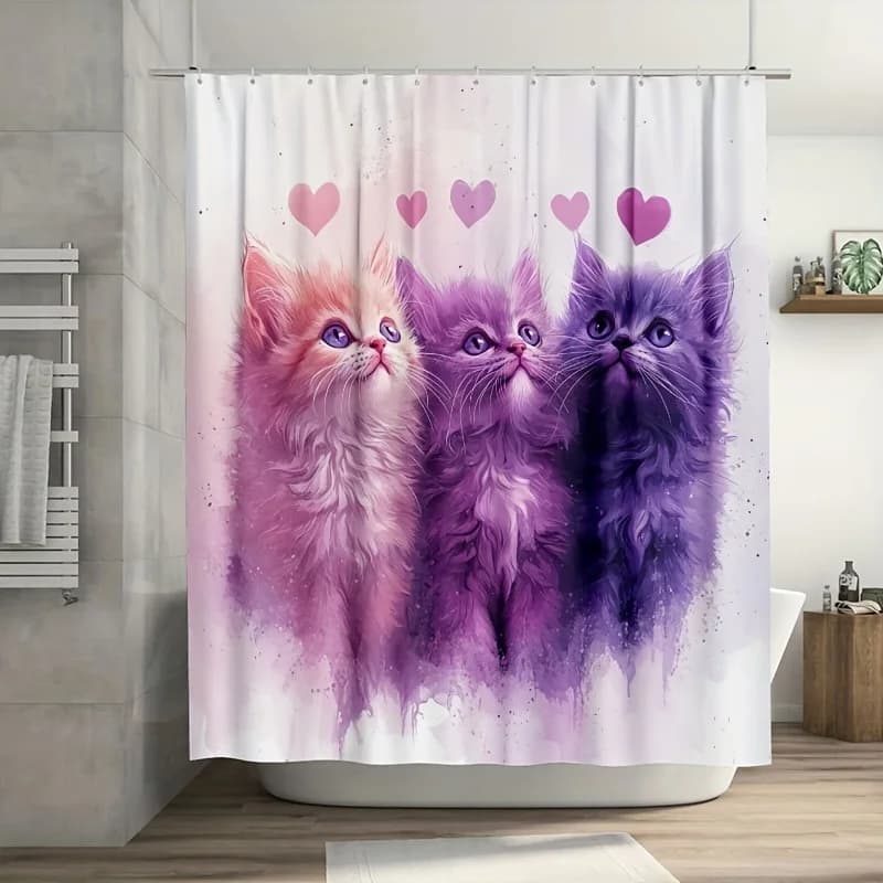 Tenda da doccia per gatti rosa pastello e viola da 1 pezzo, poliestere resistente, facile da pulire, con ganci, ideale per il bagno e la decorazione della finestra