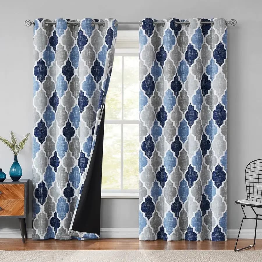Dark Curtains 100% Black, Lungs 84 Inches, 2 Bedroom and Living Panels, Blue Grey, Geometric Moroccan Style, Thermal Insulation