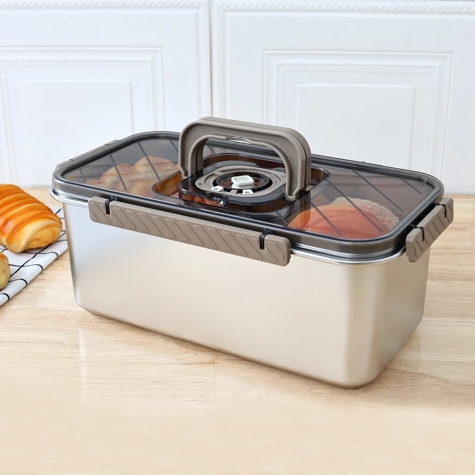 5.8L Stainless Steel Bread Box with Handle Time Recording Sealed Food Storage Containers Buffet Pan Kitchen Lunch Box