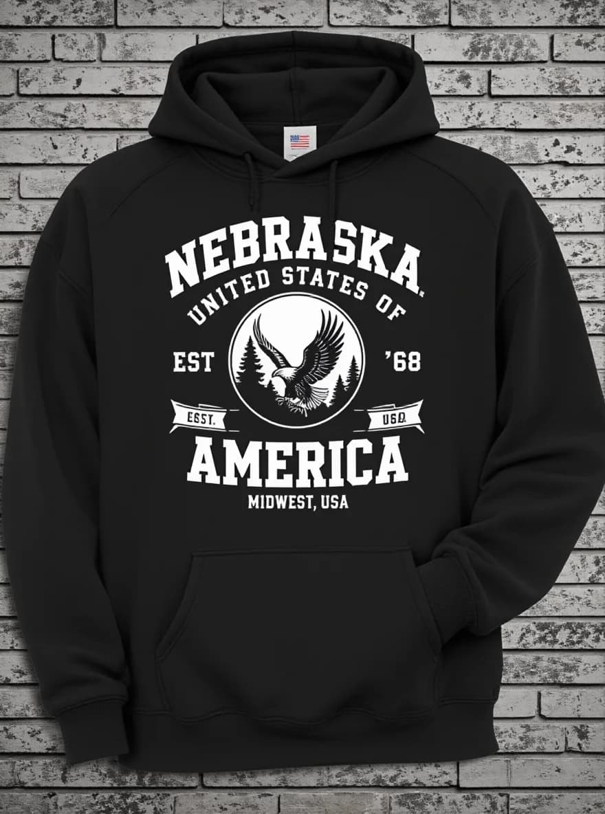 Felpa con cappuccio da uomo Nebraska America, rossa, EST 1865, tasca a marsupio, autunno inverno, taglie forti