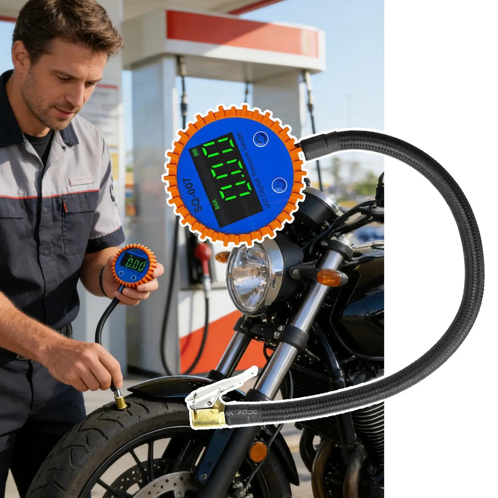 Manometro digitale per pneumatici con tubo flessibile Kit di test di pressione a connessione rapida antiscivolo con gonfiatore per camion camper con rimorchio