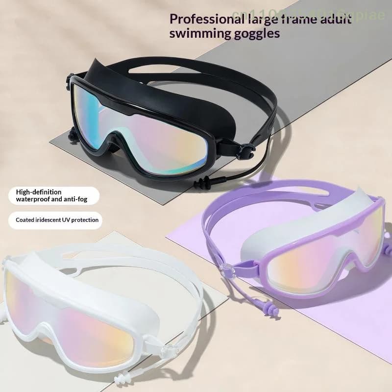 （Summer4）Occhialini da nuoto per adulti con montatura grande, antiappannamento, protezione UV, impermeabili, con tappi per le orecchie, per piscina e spiaggia