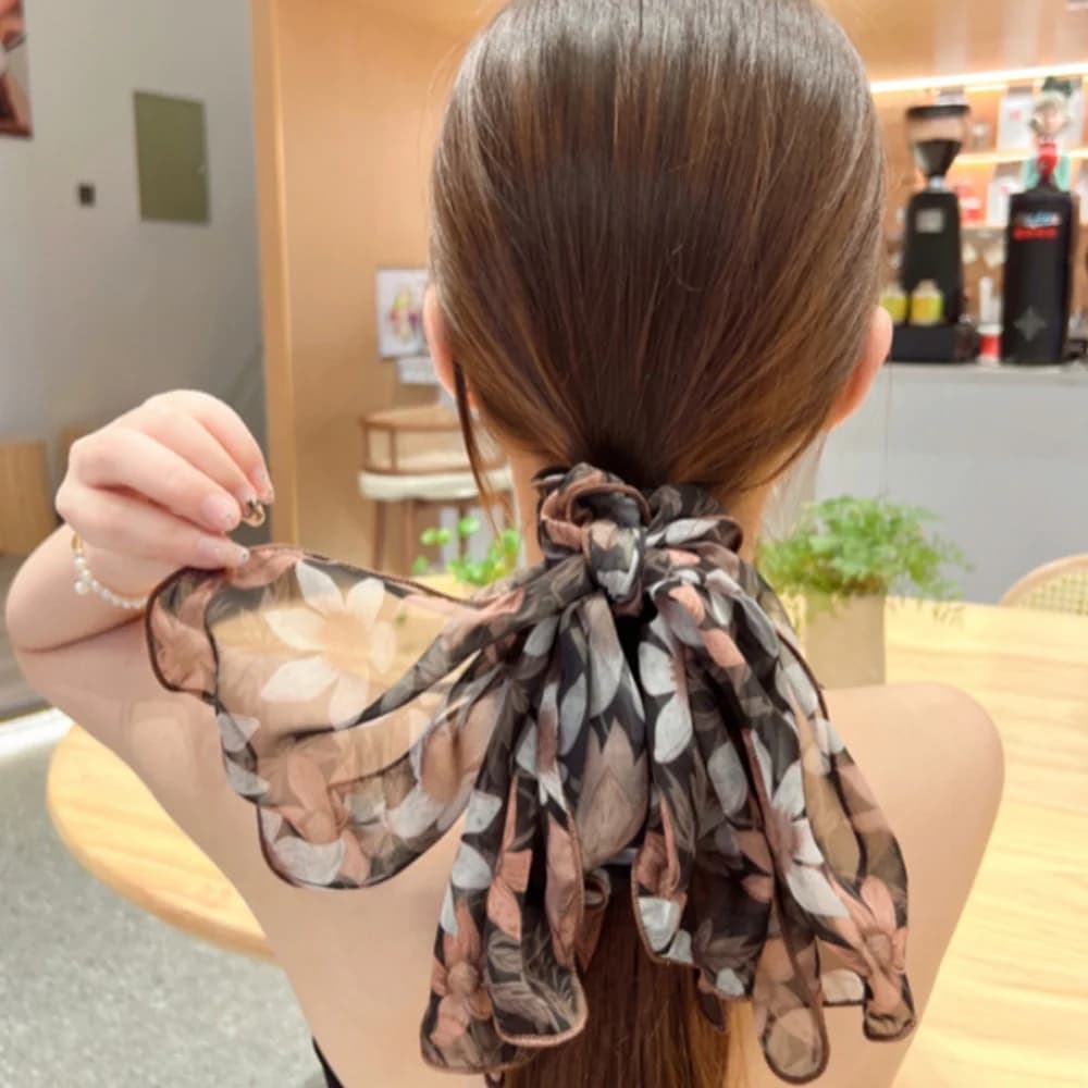 1Pcs Floral Chiffon Bow Scarf Hair Scrunchie, Vintage French Style Hair Tie For Daily Casual Outfit