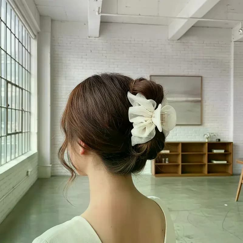 Elegant Flower Hair Clip – Resin Bow Mesh Ponytail Holder Korean Style Solid Color Gift