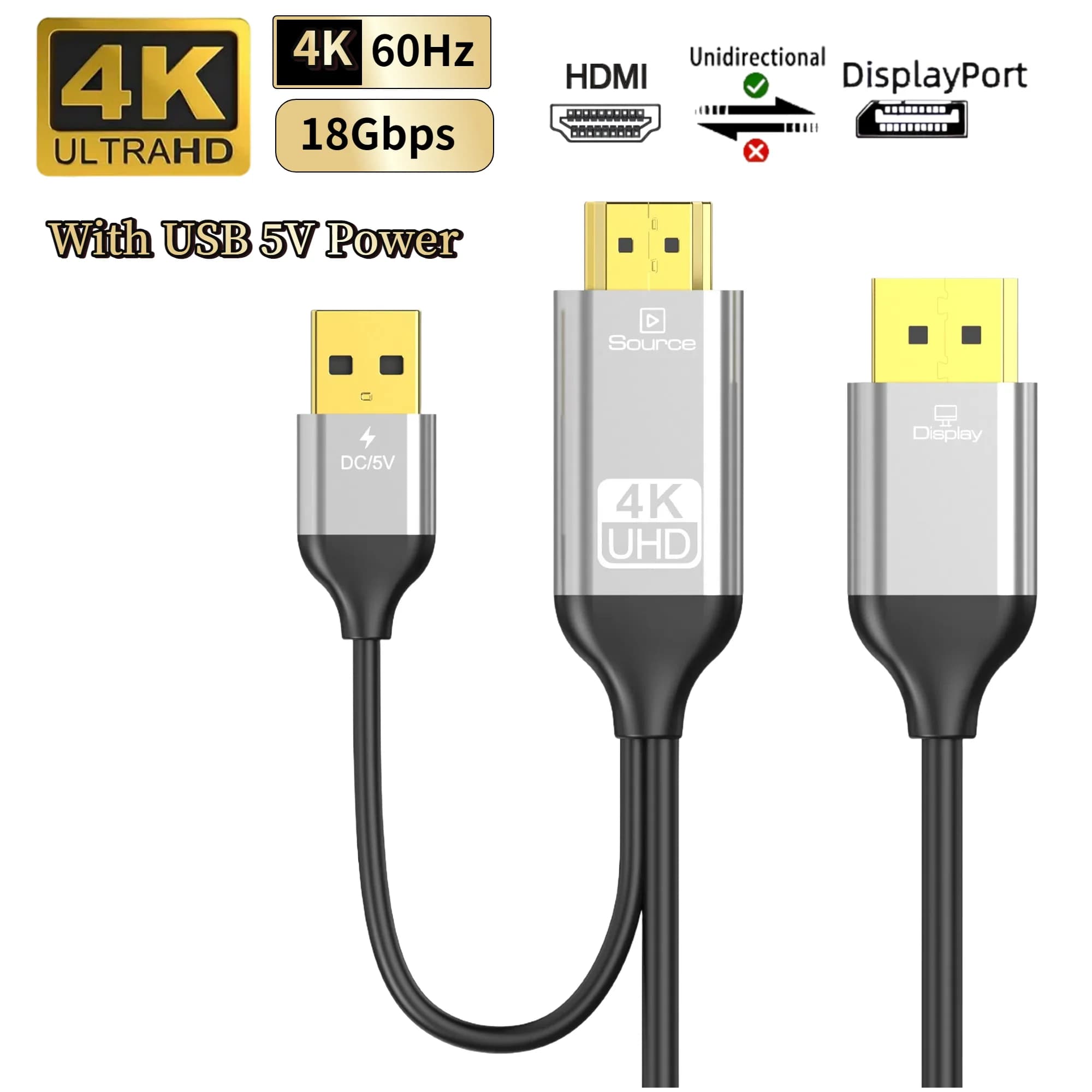 HDMI to DP converter cable with 5 V power supply, HD 4K to 60 Hz video adapter compatible with laptop/PC/play console/monitor