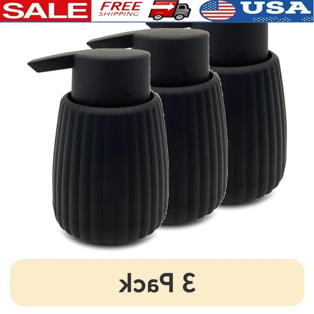Confezione da 3 pompe per sapone a costine Dispenser per bagno da cucina in plastica gommata nera Soft Touch Pompa grande Design moderno ed elegante Senza sforzo