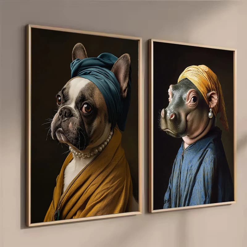 Poster di ippopotamo Bulldog francese con orecchini di perle - Stampa su tela di cani rinascimentali classici, decorazione da parete per soggiorno casa