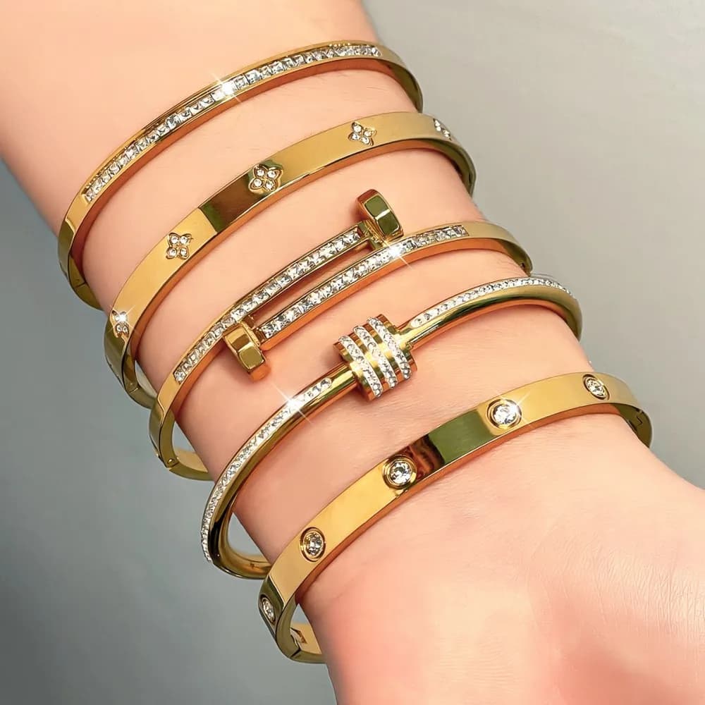 Bracciale impilabile in acciaio al titanio con zirconi lucidi intarsiati, braccialetti in acciaio inossidabile color oro, gioielli da donna, idea regalo