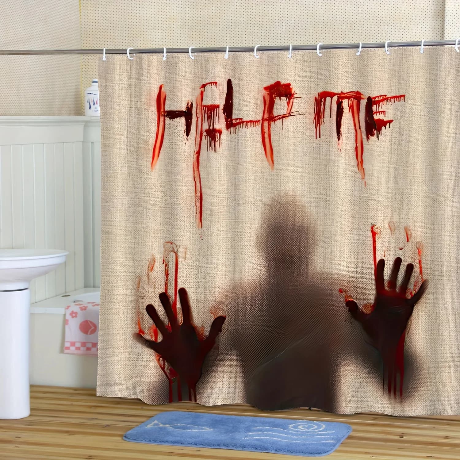 Horror Bathroom Shower Curtain Help Me Blood Handprint Scary Halloween Decoration for Kids Bathroom