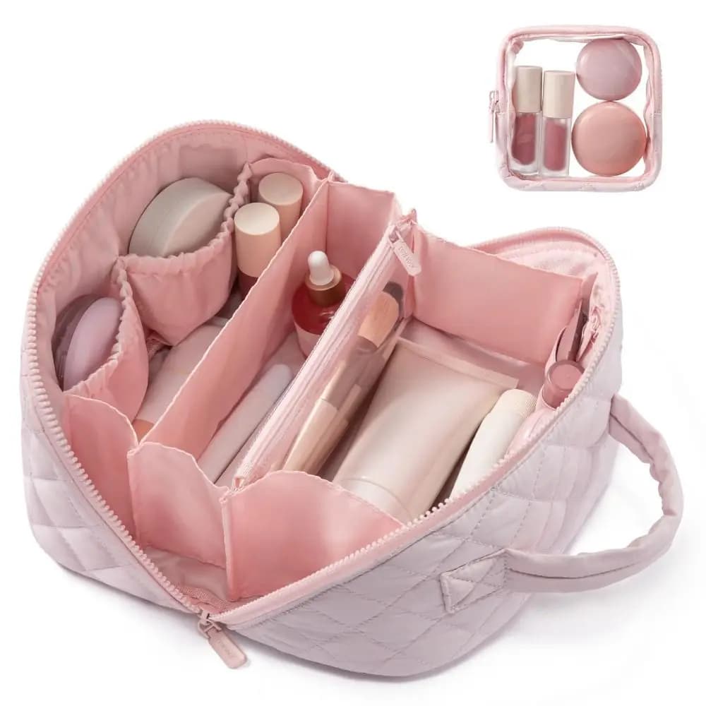 Regali Borsa per il trucco da donna ampia aperta Custodia per cosmetici resistente all'acqua e piatta, organizer da viaggio per articoli da toeletta e pennelli