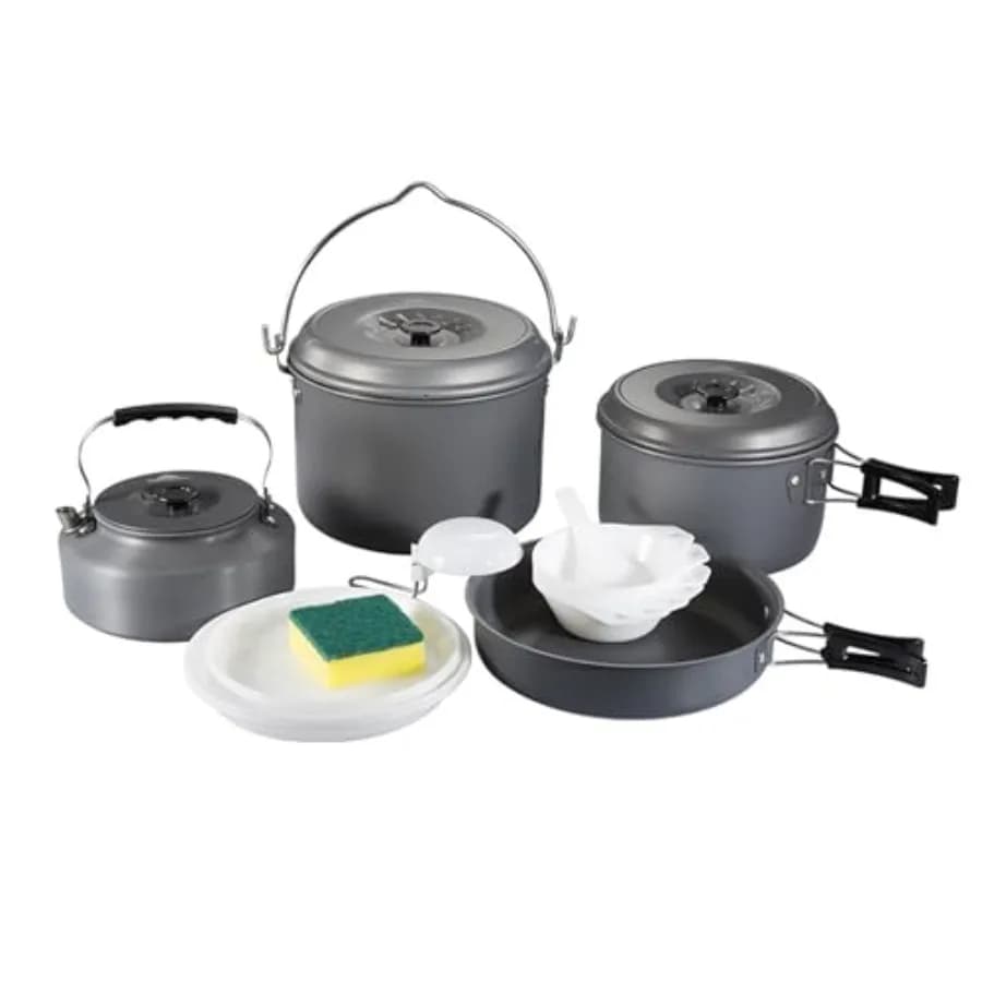 Set da Cucina da Campeggio 4 Pezzi in Alluminio Leggero per Esterni con 2 Pentole, Padella e Bollitore Portatile con Custodia per il Trasporto