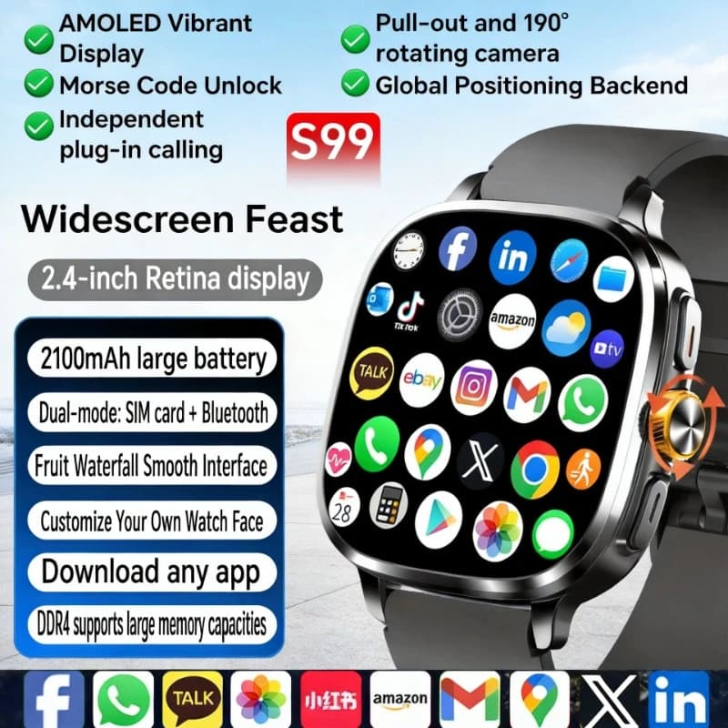 Smartwatch S99 5G con Schermo Amoled da 2,4 Pollici, Fotocamera Rotante 900W, WIFI, GPS, Bussola, NFC, Bluetooth, Orologio Intelligente per Uomini e Donne