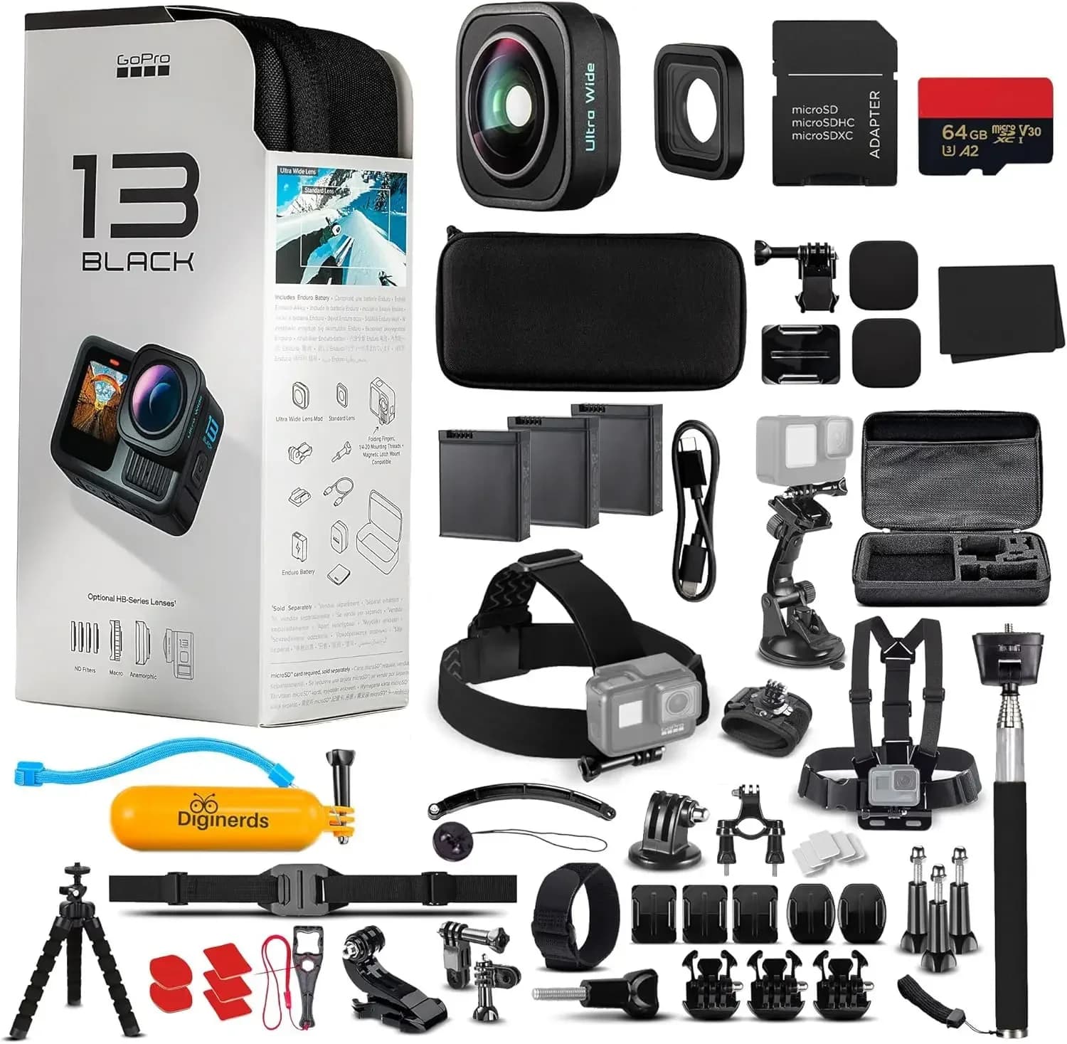 e 2 batterie extra + scheda da 64 GB - Action camera impermeabile - HDR 5.3K, foto da 27 MP, sensore da 1/1.9 pollici, streaming live, webcam