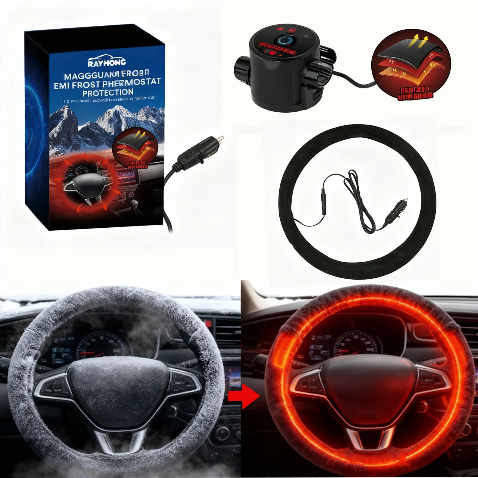 Universal car wheel heating cover 12V Quick heating in 3 minutes Anti-slip heated cover for winter for driving comfort (Black)
