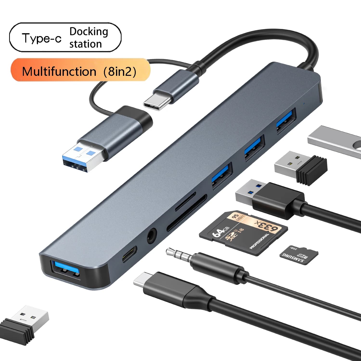 Hub USB C 8in1 4 porte USB 1 jack USB-C Lettore di schede TF/SD Uscita audio da 3,5 mm per MacBook pro iPad pro iPhone 15 Laptop