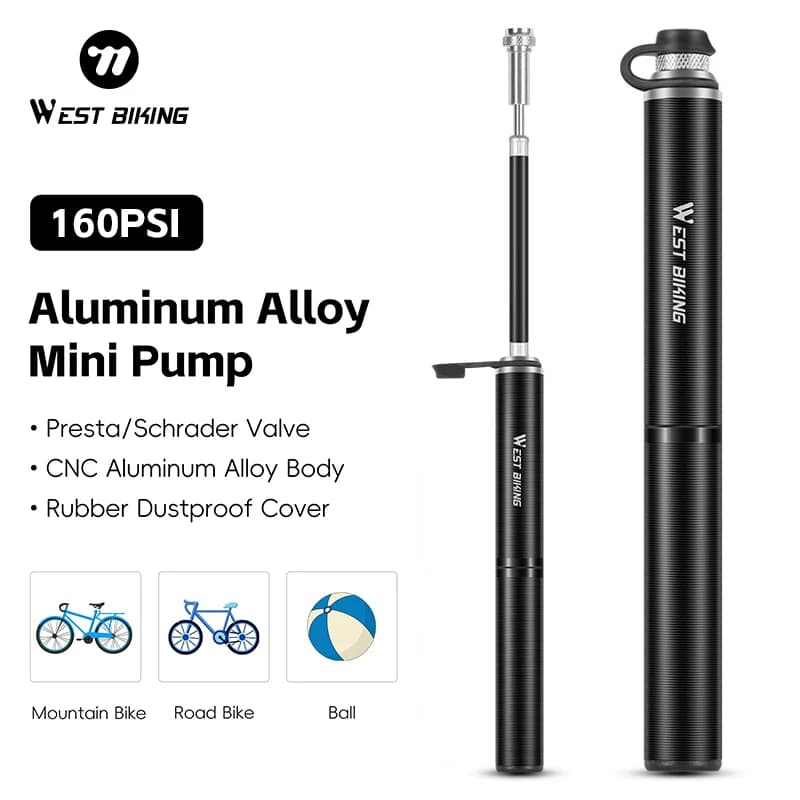 Pompa per Bicicletta WEST BIKING 160PSI, Mini Pompa Portatile in Lega di Alluminio, Gonfiatore per Valvole Schrader/Presta, Accessori per MTB e Bici da Strada