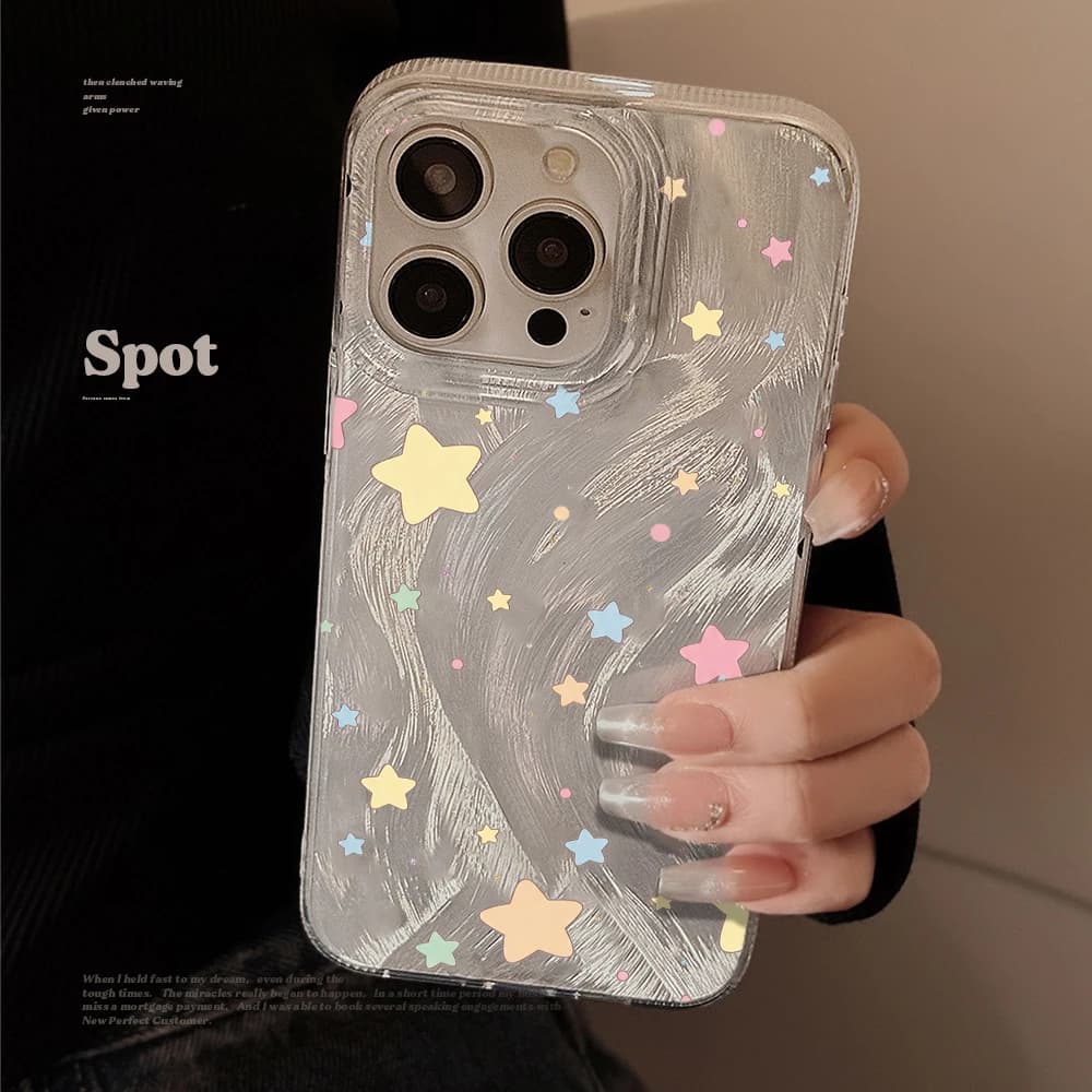 Colorful Macaron Stars Feather Yarn Phone Case For iPhone 17 Pro Max 16 15 14 13 12 11 Pro Plus 16E 17e XR 7 8 Plus Hard Cover