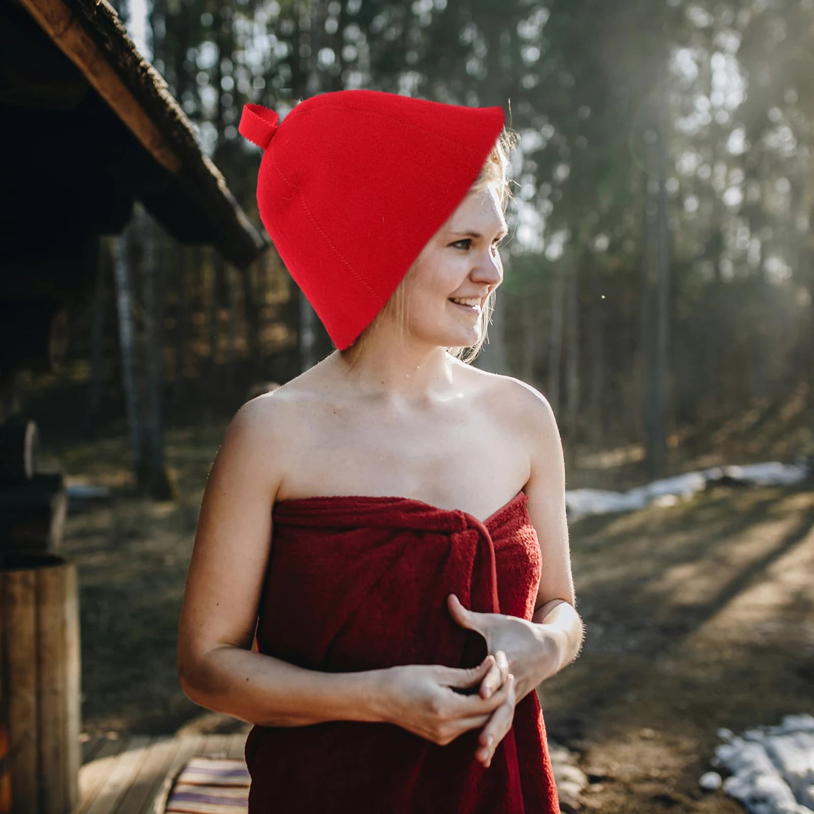 Women's Wool Felt Sauna Hat, Lightweight, Bathroom Accessory, Russian Style, Red, for Dry Heat Treatment and Spa