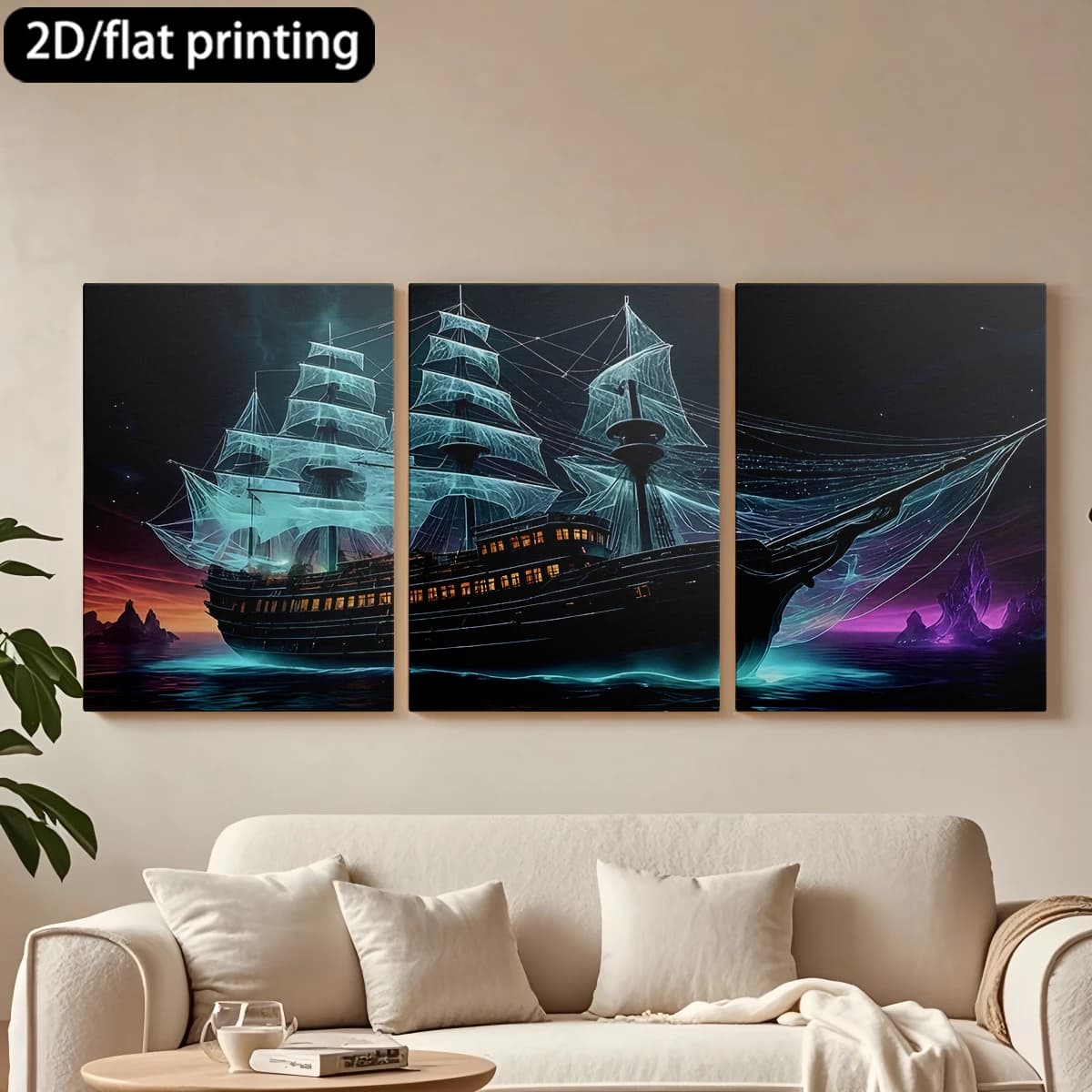 Set of 3 Squares on Canvas with Wooden Frame: Fantasma Boat, Enchanted Sea. Decoration for Corridor and Living Room