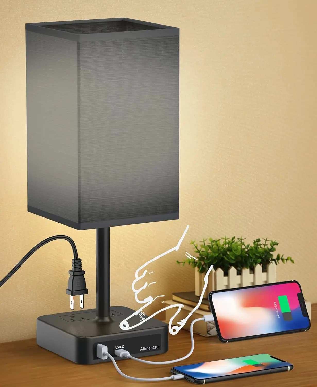 Lampada da Scrivania LED con Controllo Touch, USB C+A e 2 Prese AC, Paralume in Tessuto Nero per Camera da Letto, Soggiorno, Ufficio