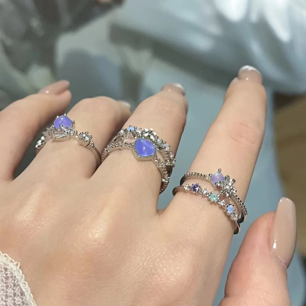 New Crystal Rings Y2K Kpop Heart Adjustable Ring Rough Geometry Vintage Rings Set for Women Girls 2025 Fashion Jewelry