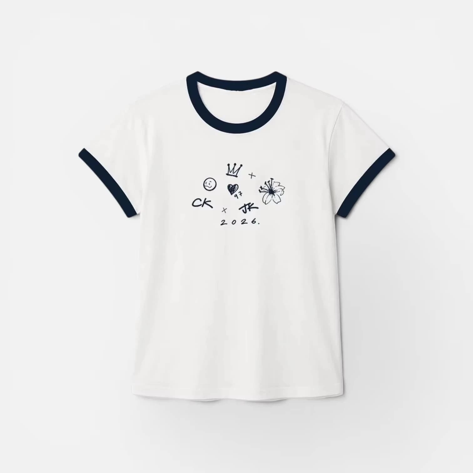 2026 New Round Neck Short Sleeved Color Blocked Black Thread Draft Small Crown Printed Men's Women's Versatile Pure T-shirt Kids