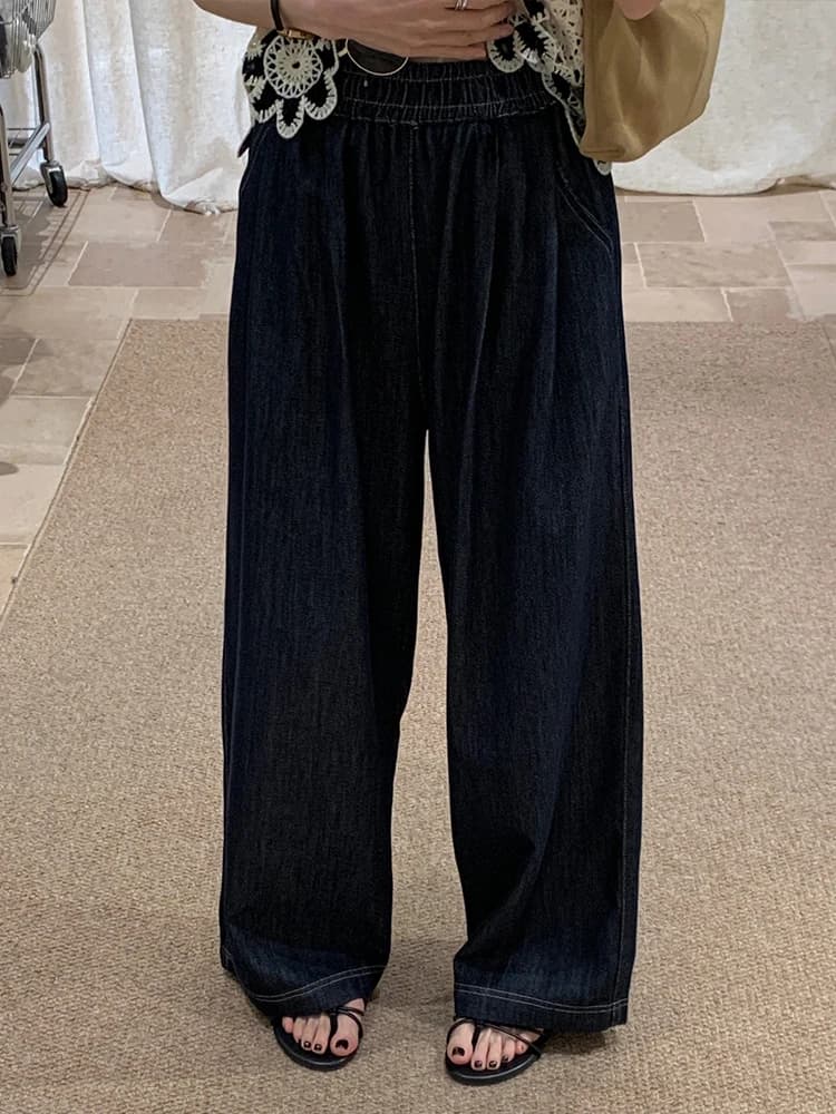 Korean Style High Waist Wide Leg Jeans Women's Summer Thin Casual Long Pants Elastic Waist Loose Fit Versatile Slimming