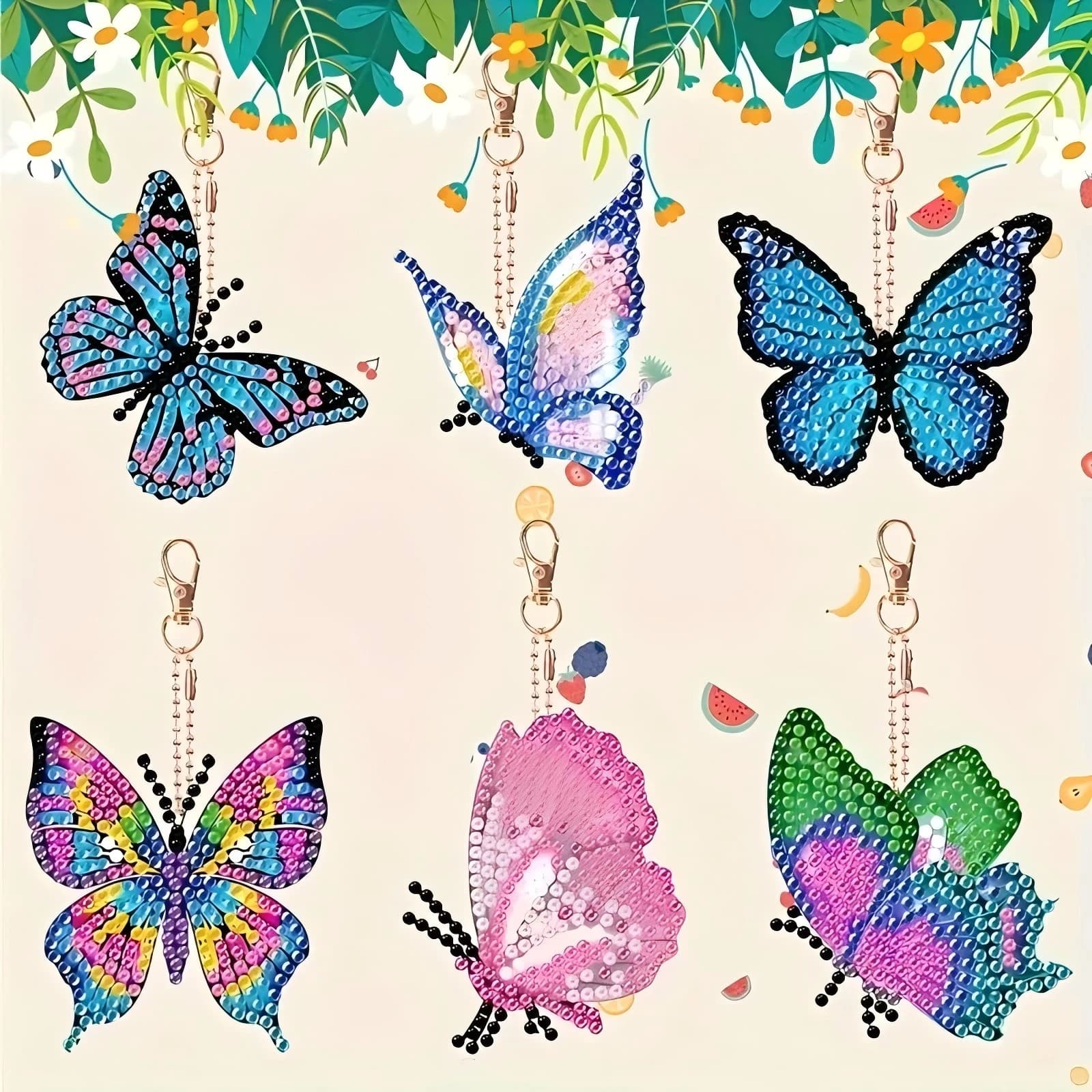 Set di 6 Portachiavi con Disegno di Farfalle in Diamanti, Kit Fai-da-Te per Mosaico Artistico, Decorazione per Zaino, Regalo Artigianale