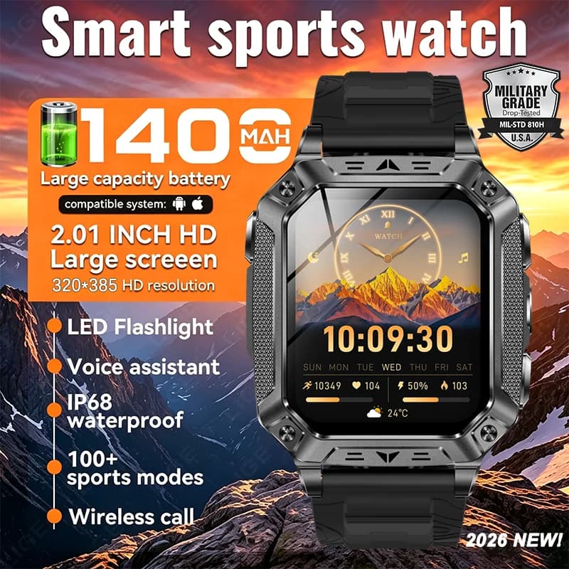 LIGE Built-in 1400mAh Super Large Battery Men Smart Watch Outdoor Flashlight IP68 Waterproof BT Call 2.01" New Smartwatch 2026