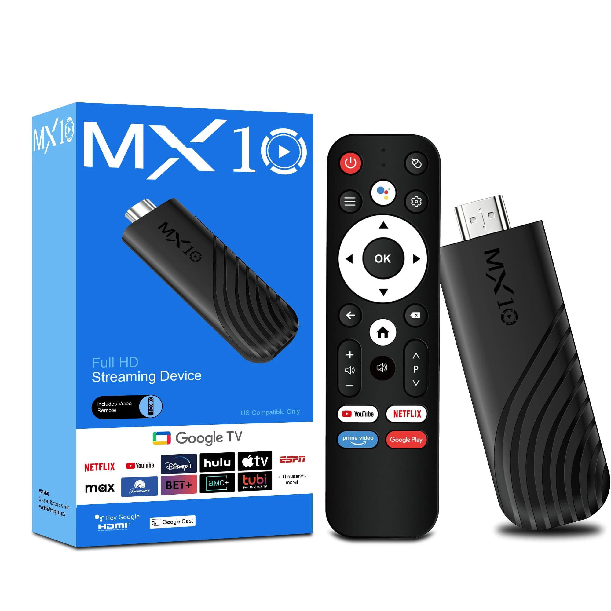 TV Stick Android 13 Quad Core H313 MX10 Stick HDMI 8GB 128GB WiFi6 BT5.4 Voice Remote 4K Video Playback Device