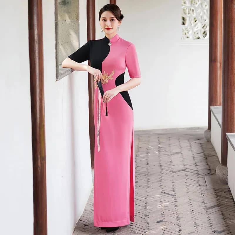 NewAncient Red Long Elegant Chinese Young Style Plus Size Runway Cheongsam Performance Outfit5;c,6's.2;b'8,
