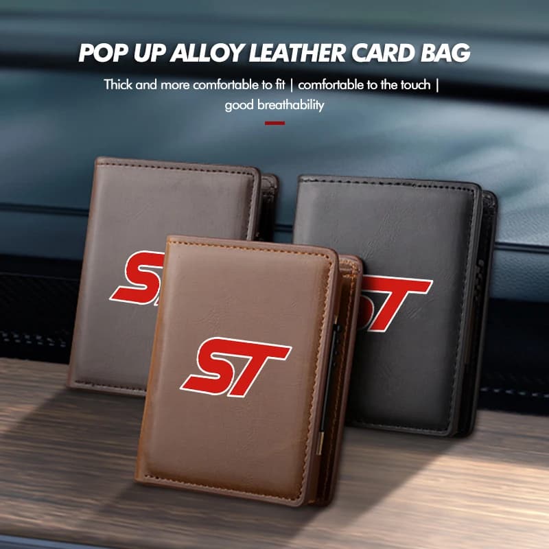 For Ford Pop Up Leather Alloy Card Bag Short Wallet Portable Money Bag S-MAX Kuga Mondeo Fusion KA Everest Escape ST Racing