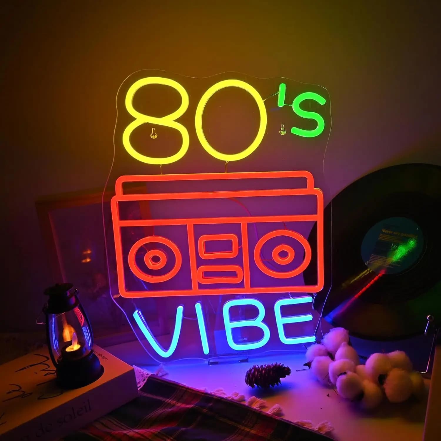 16.5x12.6in 80's Vibe Neon Sign Stile retrò Decorazione da parete Luce a LED Party Boombox Room Decor Radio Registratore Vintage Bar Club Pub