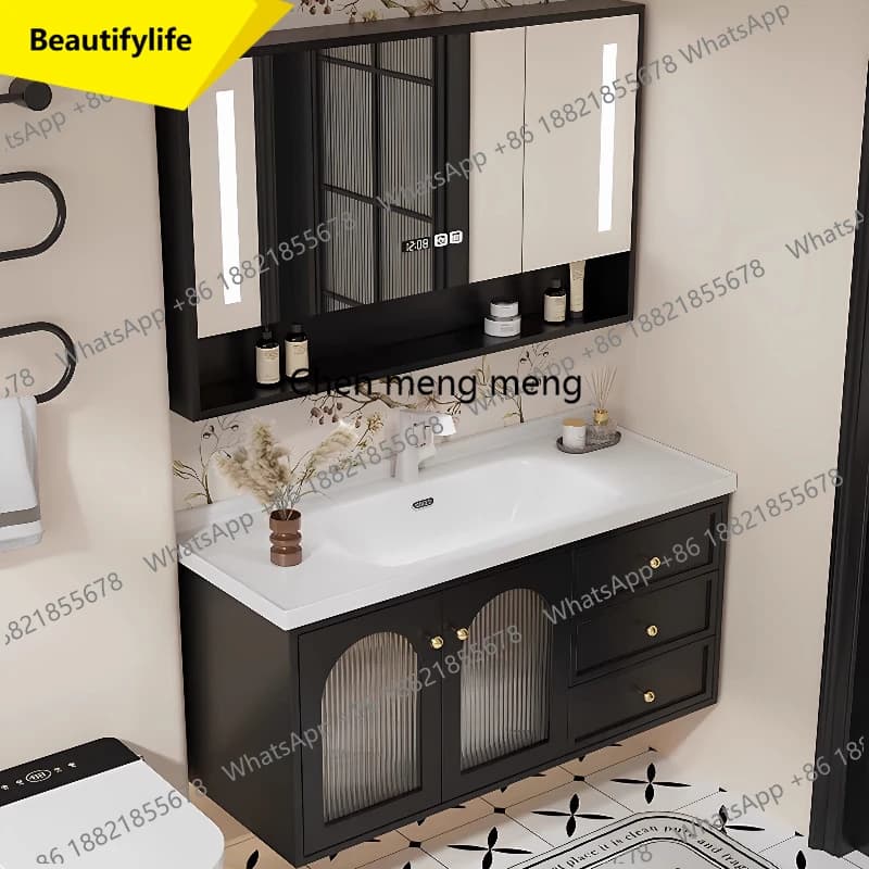 Armadietto da Bagno Integrato A17 con Luce, Lavabo a Colonna, Mobile Contenitore per Trucchi, Specchio Organizzatore, Armadio da Bagno