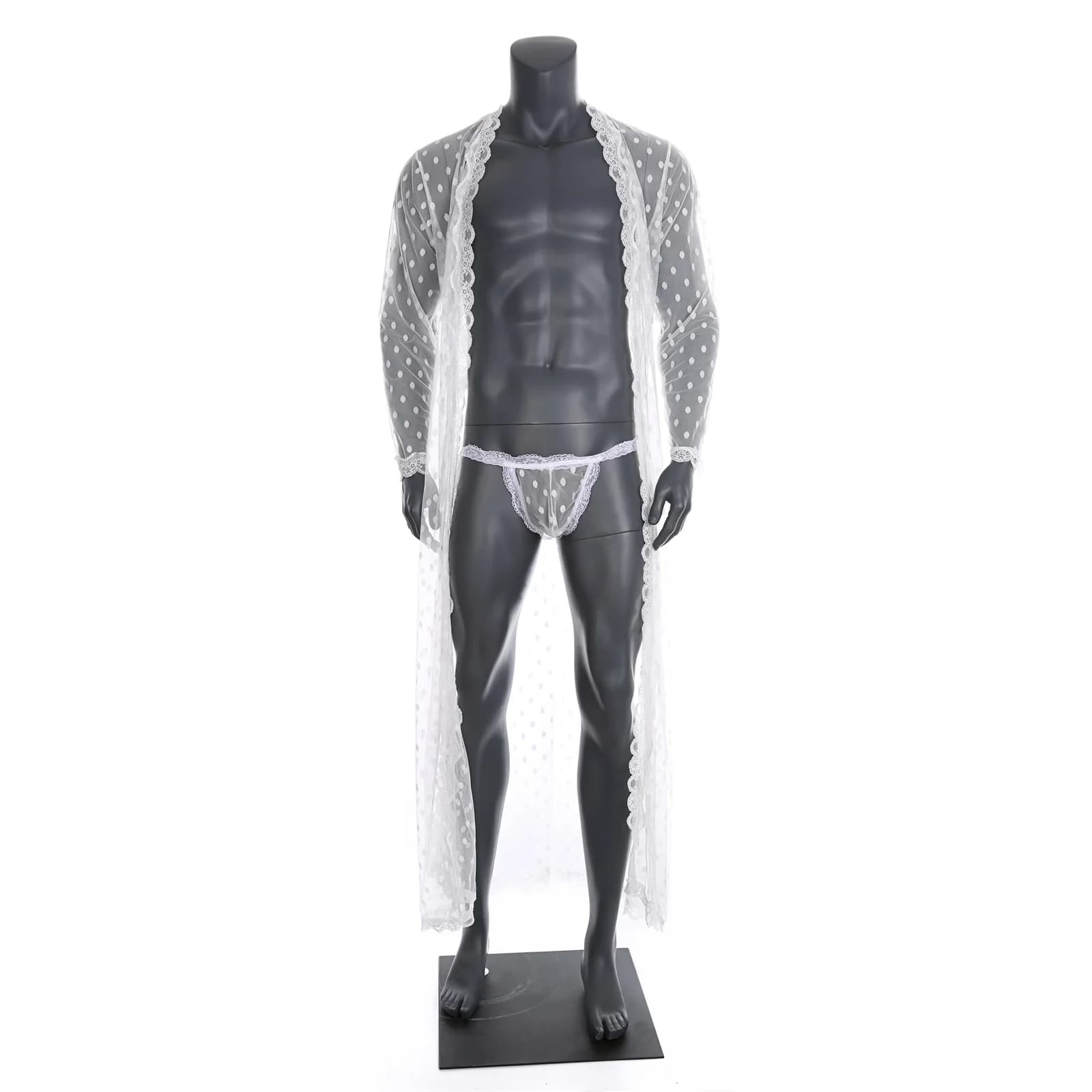 Vestaglia Lunga da Uomo Sexy Trasparente in Pizzo, Set da Notte con Perizoma Regolabile, Lingerie Esotica