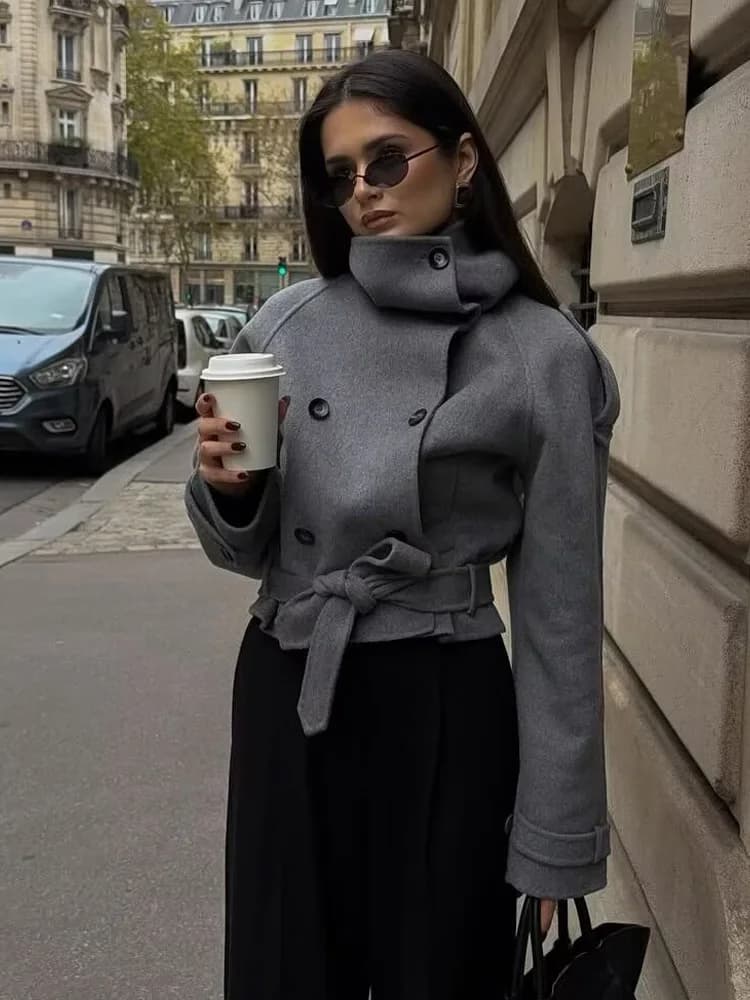 HH Women Chic Double Breasted Belt Pocket Decoration Solid Short Coat High Collar Long Sleeves Slim Casual Woman Street Jacket