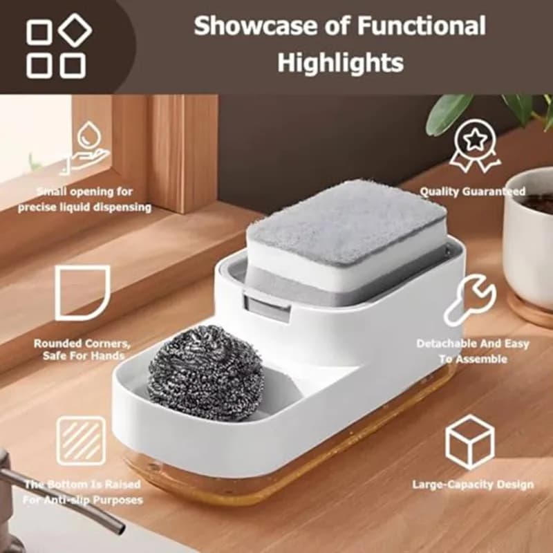 AUAU-Dispenser automatico di sapone con porta spugna, dispenser manuale di sapone liquido per cucina e bagno, include scatola portaoggetti