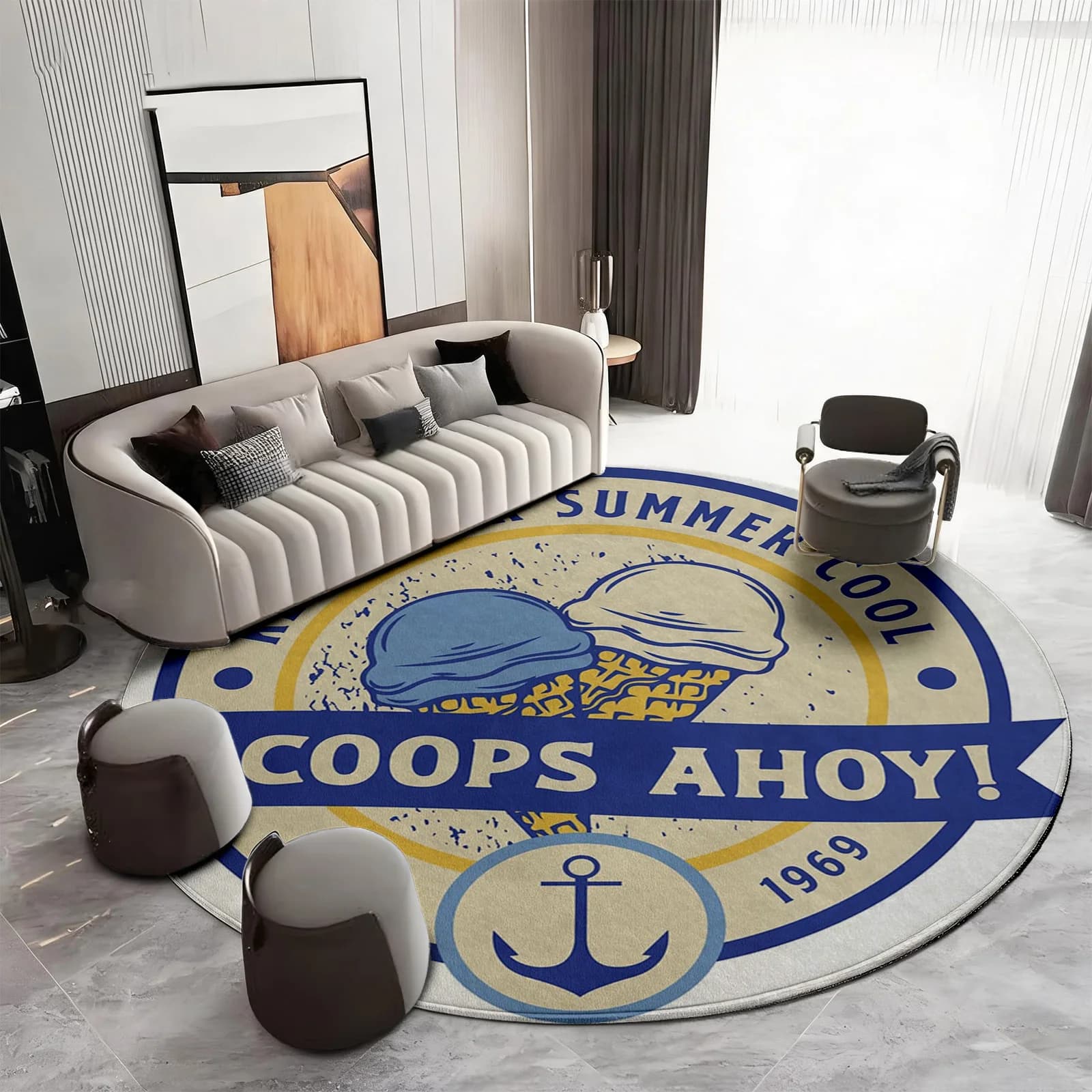 Bohemian Coastal Nautical Round Area Rug Summer Beach Decor Living Room Floor Carpet Anchor Pattern Retro Style Home Decor Mat