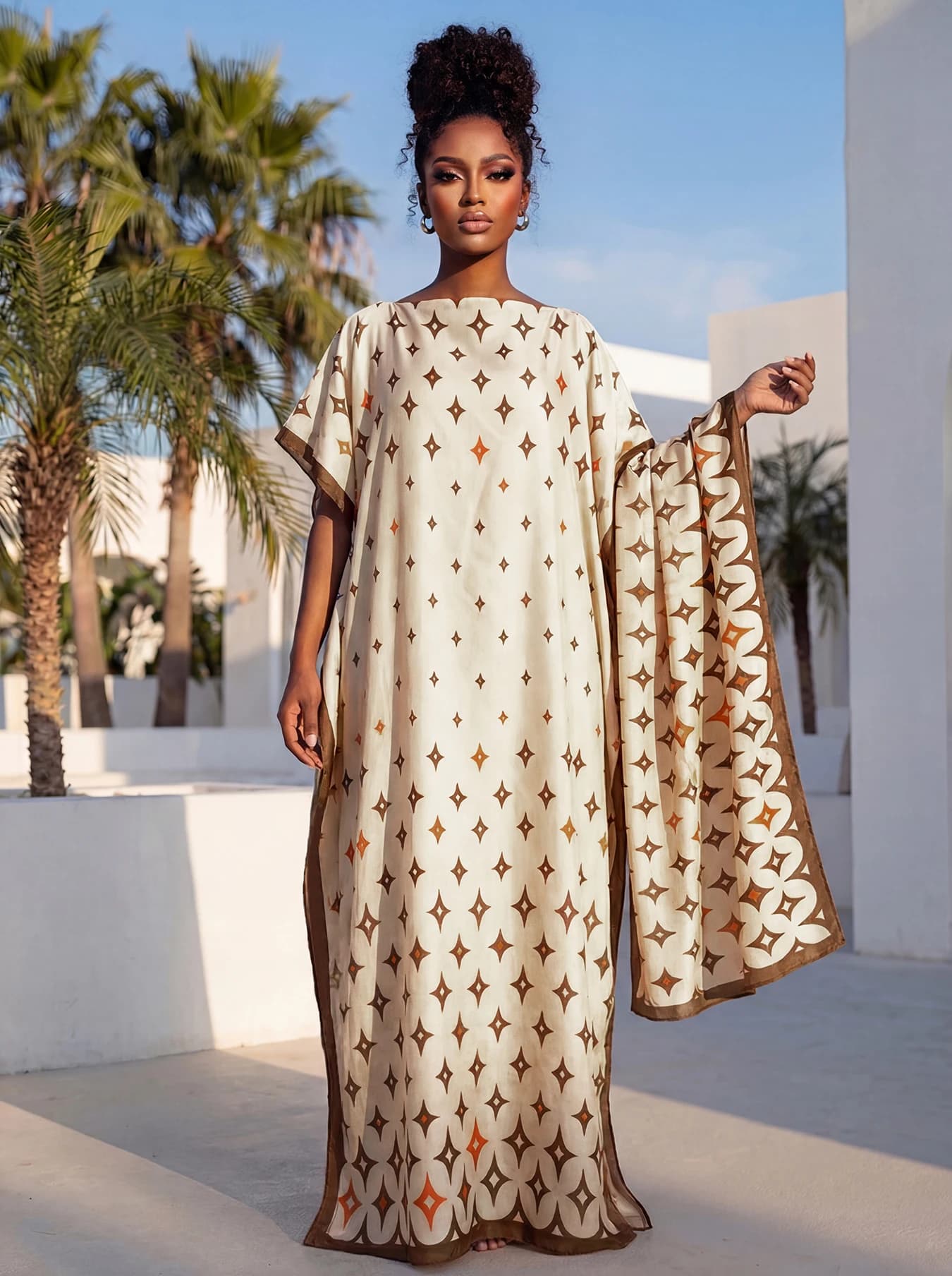 New Style Long Loose Silk Blend Beach Cover up Dress Middle East Pattern Printed Elegant Long Robe Dress for Women