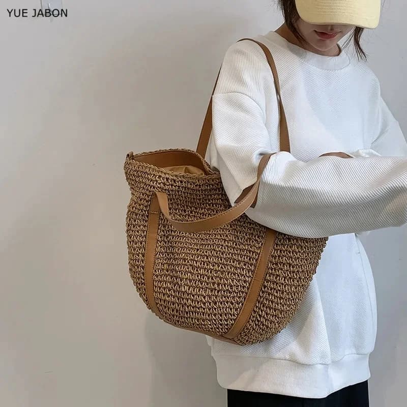 Casual Women's Underarm Shoulder Bags Luxury Hasp Straw Woven Large Capacity Khaki Hobo Handbag Summer Beach Tote Bag For Ladies