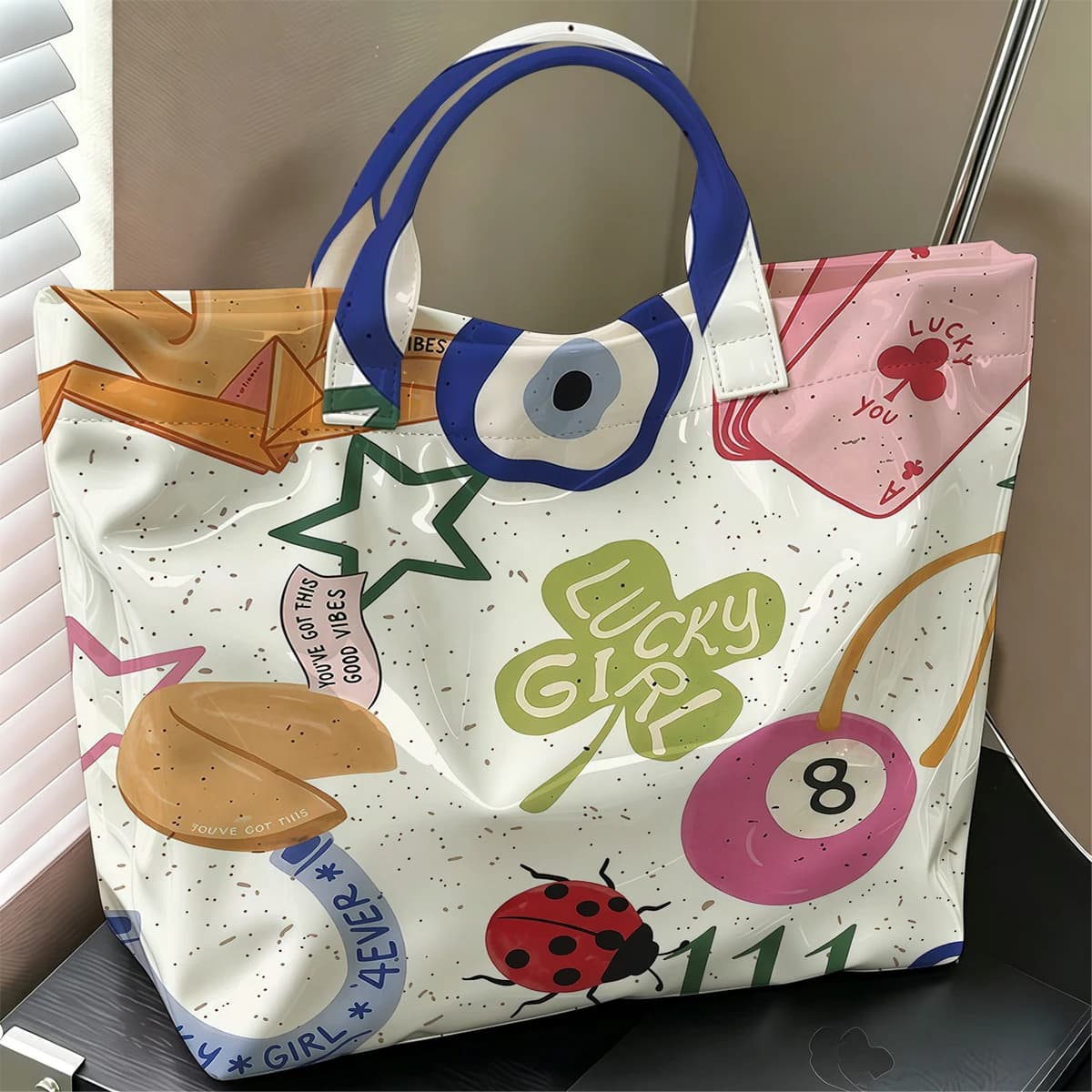Lucky Charms Fashion Large Glossy PVC Tote Bag Hand Washable Waterproof Perfect Travel Commute Cosmetic Storage Shopper