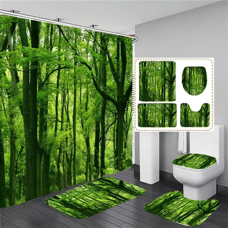 Waterproof sunny forest scenery shower curtain set waterproof bathroom toilet seat cover bath non-slip mat rug carpet bath decor
